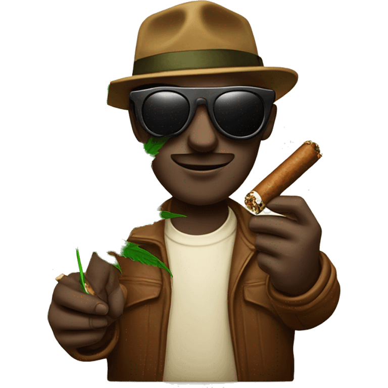 a cannabis leaf wearing shades and holding a cigar in one hand, a brownie in the other hand emoji