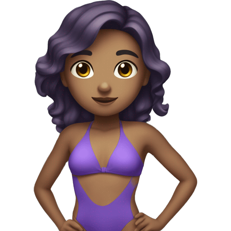 A girl in a swimsuit is standing by the pool with dark hair and brown eyes, her swimsuit is purple, she is a swimmer emoji