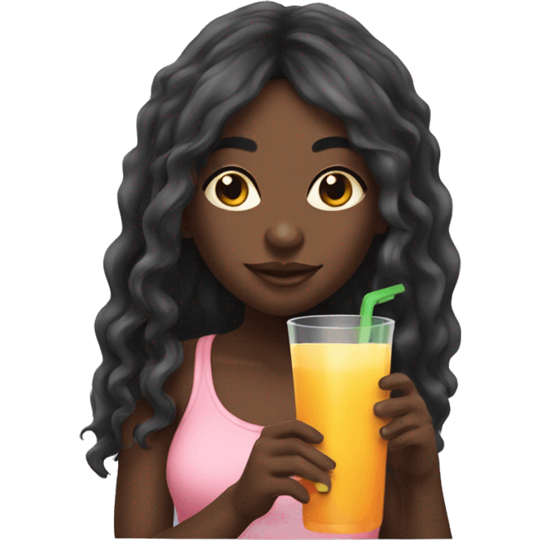 Black girl with long hair drinking juice emoji