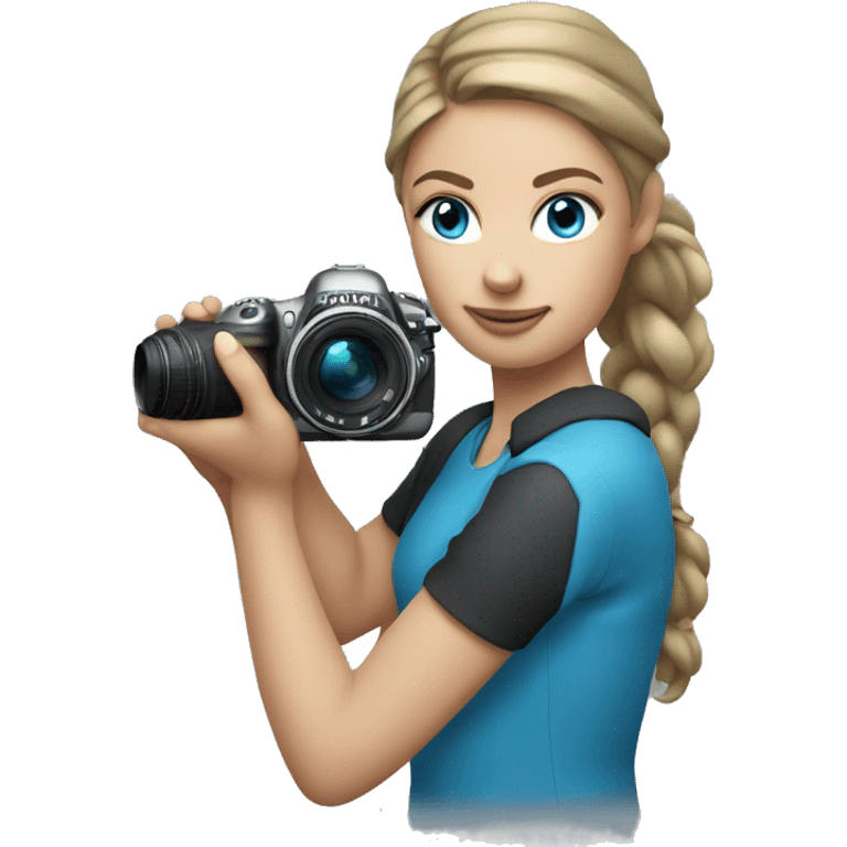 Girl with dark blonde loose ponytail and BLUE eyes Holding a Nikon Camera in her hands emoji