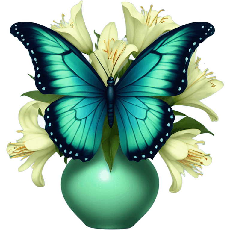 Aesthetic butterfly with blue and green  wings sitting on a dark blue bouquet of Lilies in a pastel green vase emoji