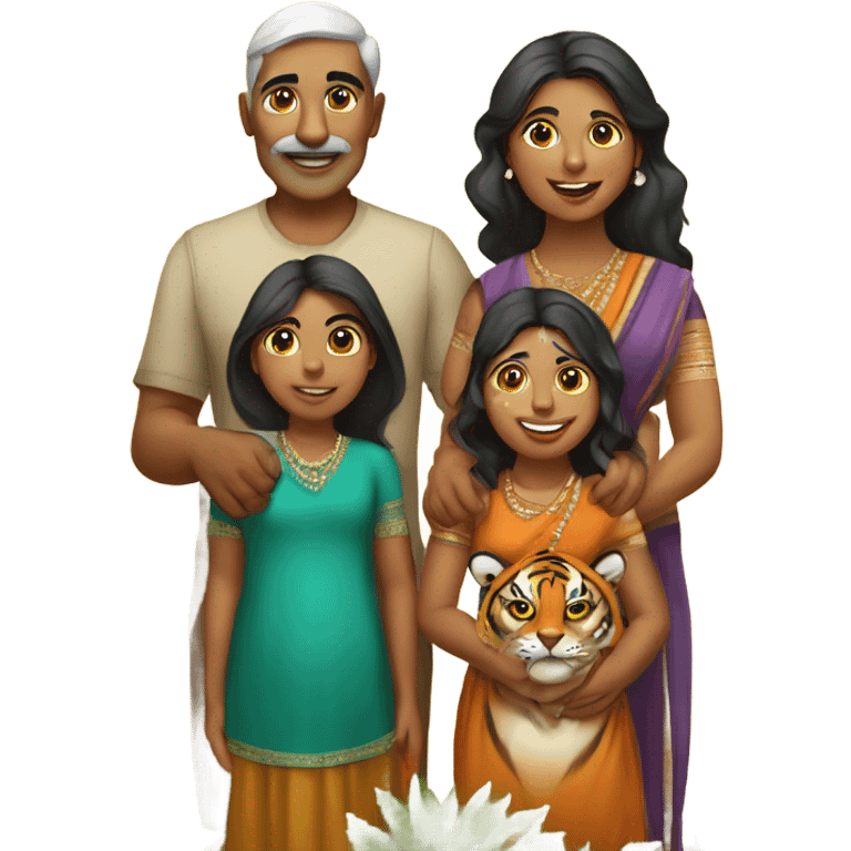 Indian uncle and Indian aunty with their two daughters and tiger cub emoji