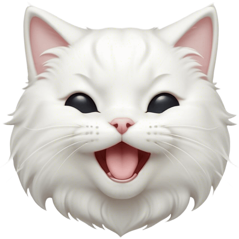 Cinematic Cute Yawning White Cat Portrait Emoji, Head gently tilted with an endearing, wide-open yawn and softly closed eyes, showcasing a pristine white fur with delicate hints of silver, simplified yet irresistibly adorable, highly detailed, glowing with a tender, cozy radiance, high shine, exuding sleepy charm and gentle affection, styled with a soft glowing outline, capturing the essence of a white cat caught mid-yawn, radiating pure, adorable lethargy! emoji