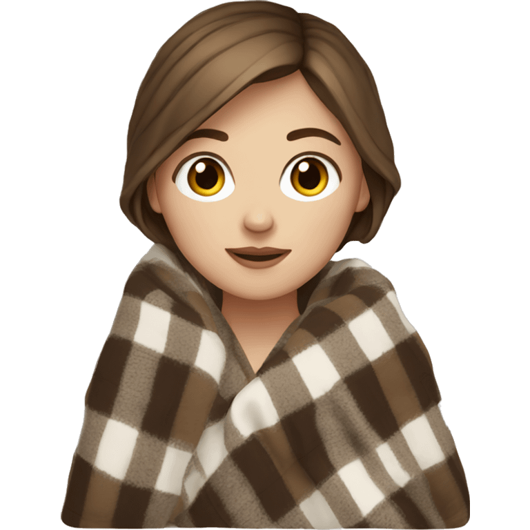 white girl short brown hair wrapped in cozy plaid blanket emoji