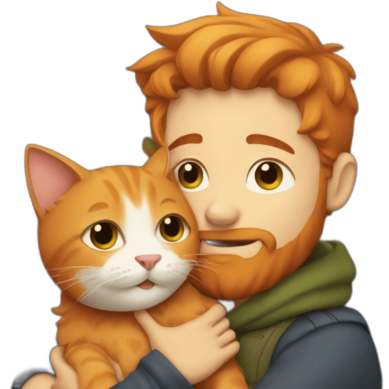 Boy with beard hugging ginger cat emoji