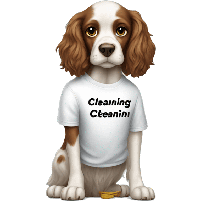 spaniel in a t-shirt with the inscription "cleaning" emoji