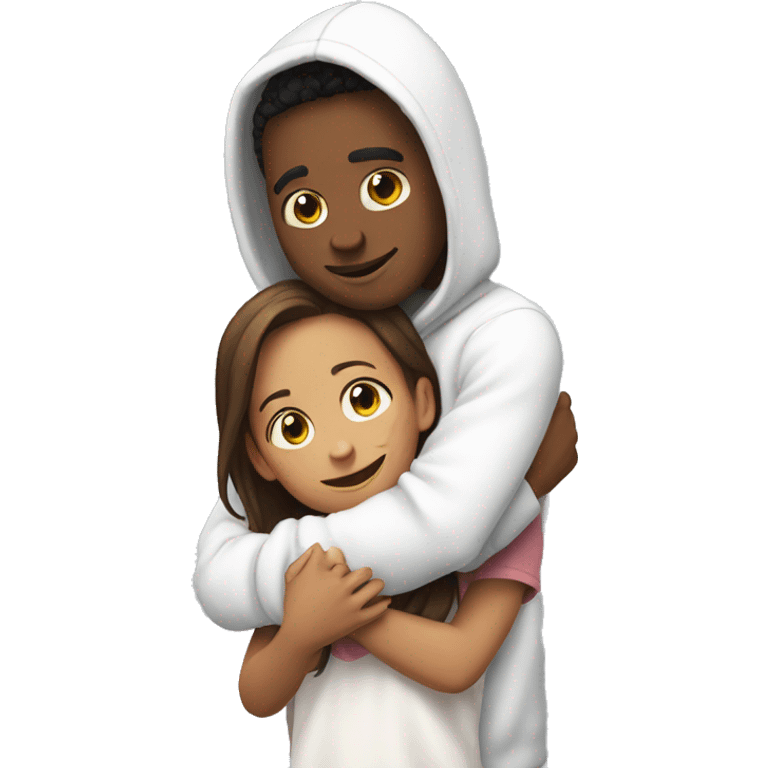 An emoji of a man wearing a white hoodie, standing next to his sister. He is hugging her warmly, showing a close sibling bond emoji