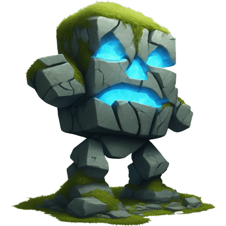 A massive stone golem made of rocky slabs and glowing energy veins, with moss covering parts of its body, standing tall with glowing blue cracks. emoji