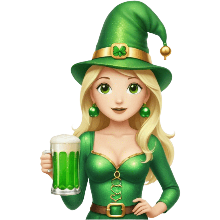 Blonde haired pretty woman in glittery green bell bottoms and tall leprechaun hat holding a green beer emoji