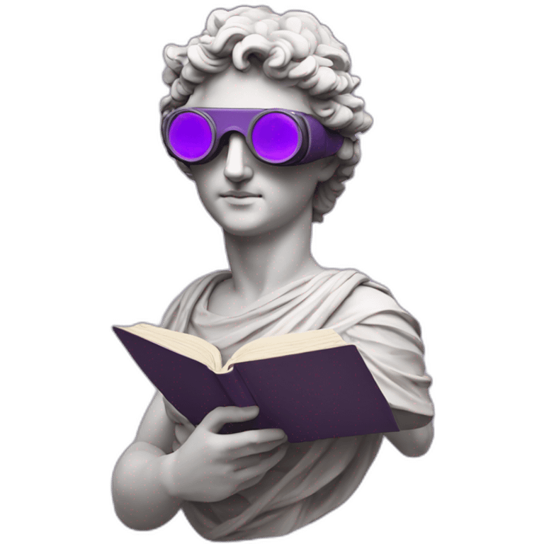 an EMOJI OF A ancient young greek statue reading a book, wearing VR glasses, purple colors, DIGITAL UNIVERSE emoji