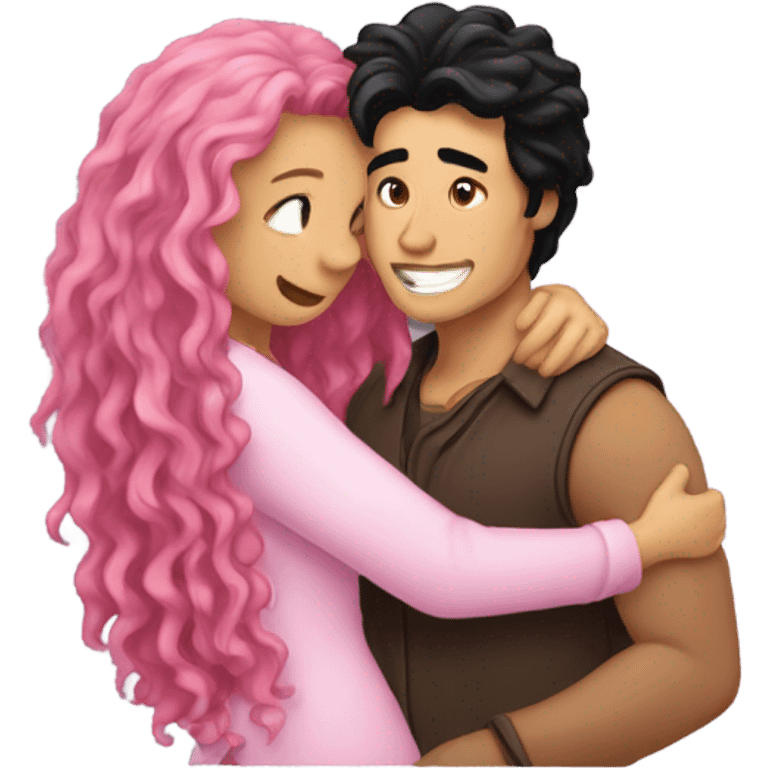 make a guy and a girl, they are hugging, the girl has pink long wavy hair. The guy has black hair and light skin. They are facing each other emoji