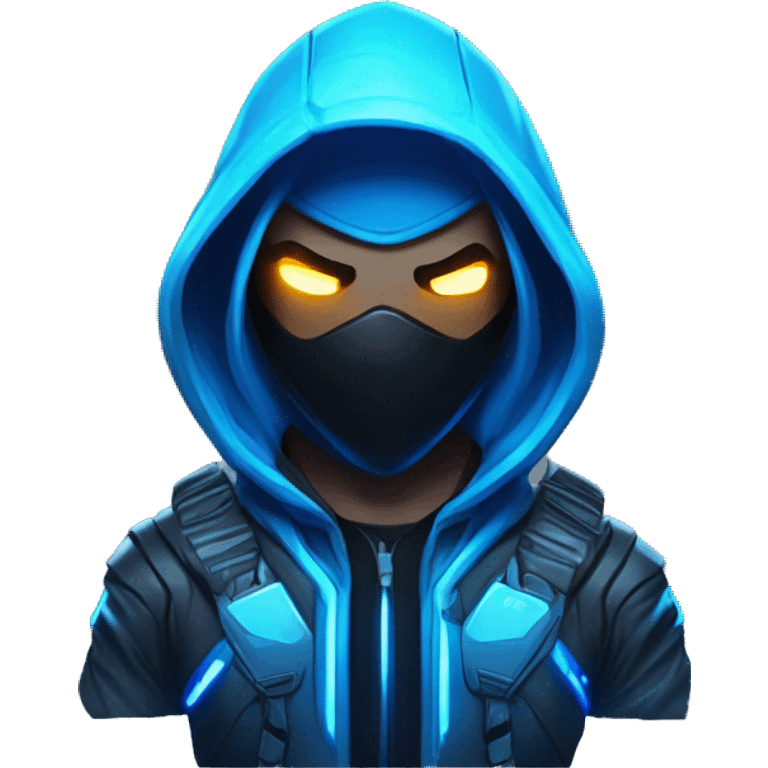 developer behind his laptop with this style : crysis Cyberpunk Riot Games Valorant neon glowing bright blue character blue black hooded assassin themed character emoji