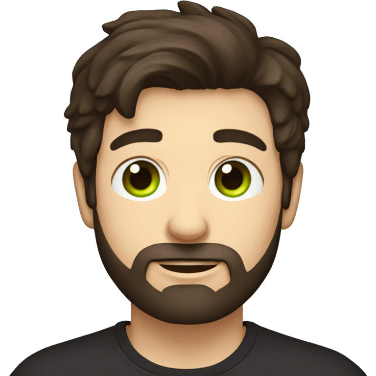 Handsome man with dark hair, holding an cup of coffee, gradient short hair on the side, green eyes. Thin face. Black t-shirt. A little beard. emoji