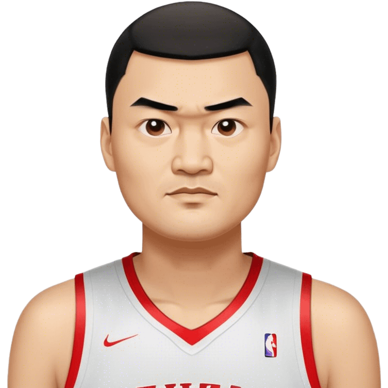 Yao Ming – Cinematic Realistic Portrait of Yao Ming, depicted as a towering basketball icon in a modern uniform, with a gentle yet determined expression and dynamic arena lighting that highlights his immense stature and graceful athleticism. emoji