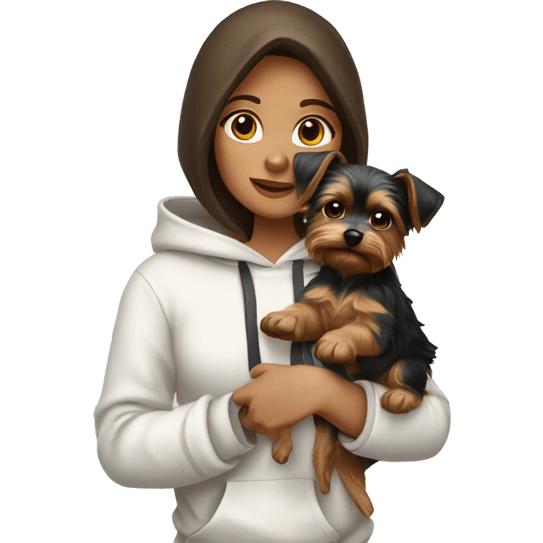 A brunette girl in a white hoodie holds a Yorkshire terrier puppy in her arms emoji