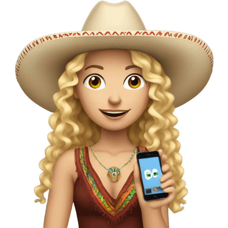 white curly haired blonde girl in a mexican hat holding her phone emoji