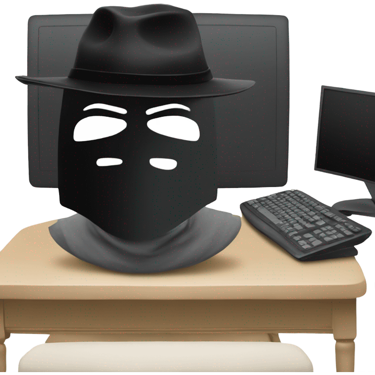 black hat hacker with anonymous mask behind a computer emoji