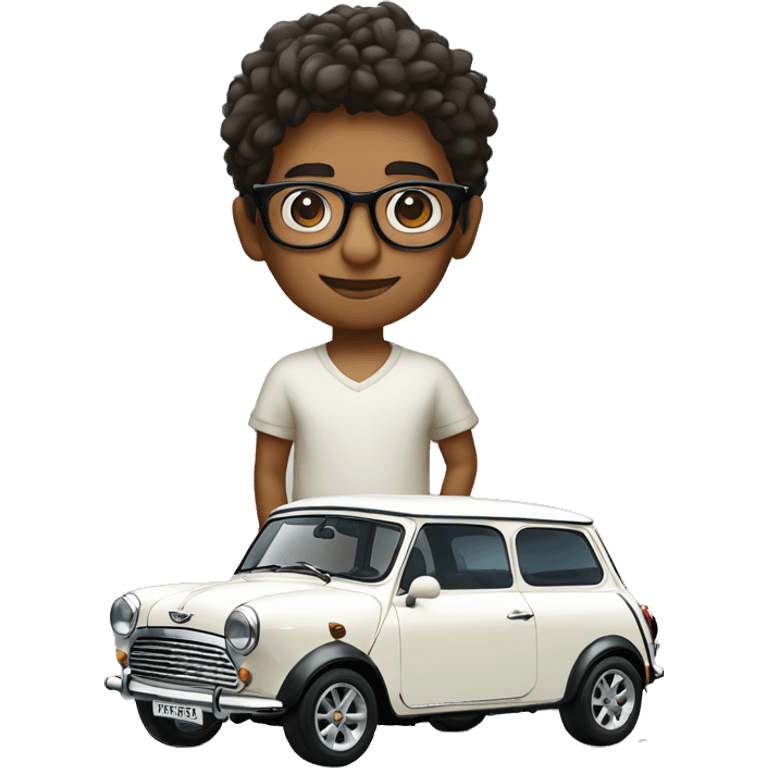 slender indian boy with glasses on shorts standing next to a classic white mini cooper emoji