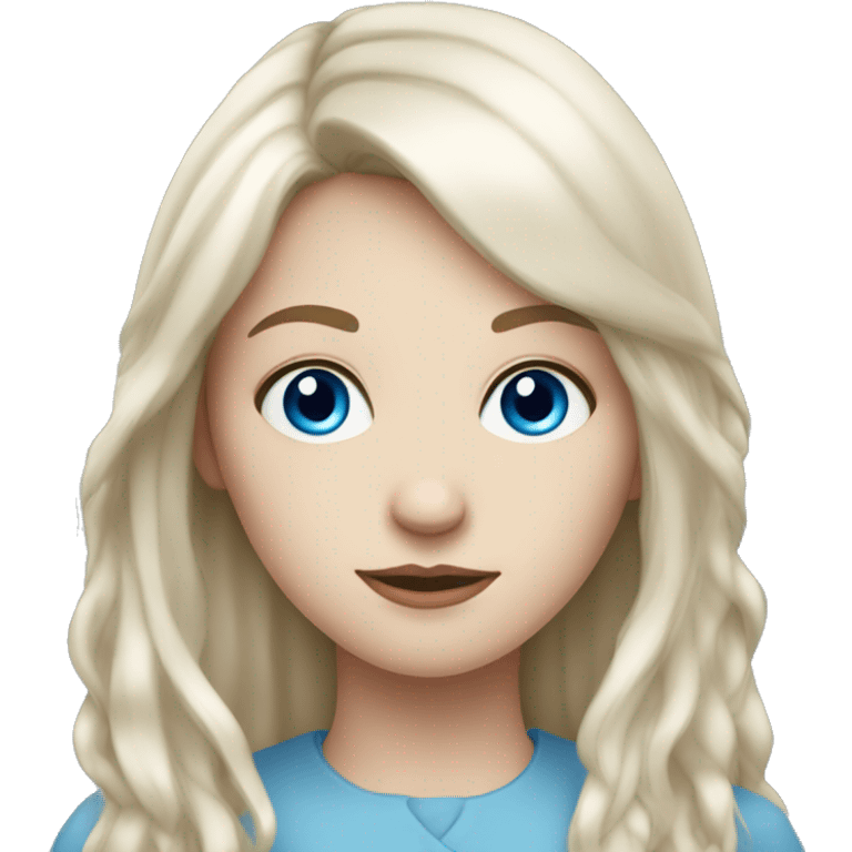 young pale white woman with blue eyes, long dark brown hair and a fringe emoji