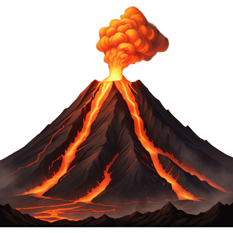 Cinematic Realistic Volcano Emoji, Powerful and awe-inspiring, with molten lava flowing from its jagged, smoking peak, casting an orange glow in the surrounding darkness. The landscape around it is barren and rocky, with clouds of ash rising into the sky. Soft glowing outline, capturing the essence of raw power and fiery energy in a towering volcano. emoji