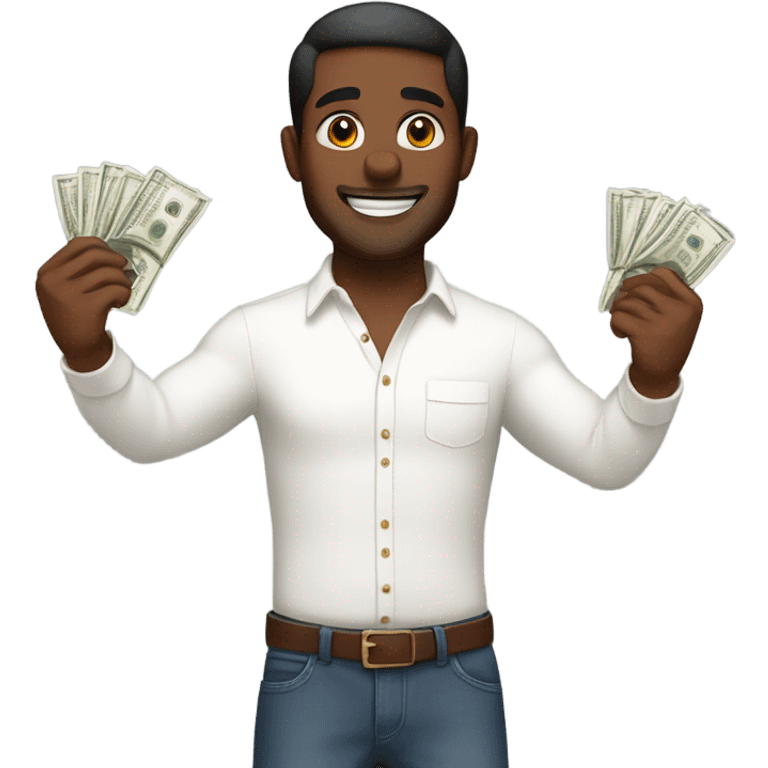 Guy with brown skin in white long sleeve wins money in his raised hands emoji