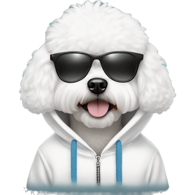 A dog bichon frise using hoodie and using sunglass with the swag vibes emoji