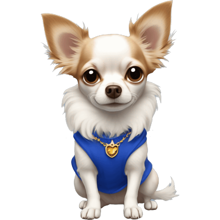 Long-haired white Chihuahua with reddish brown markings wearing royal blue pajamas emoji