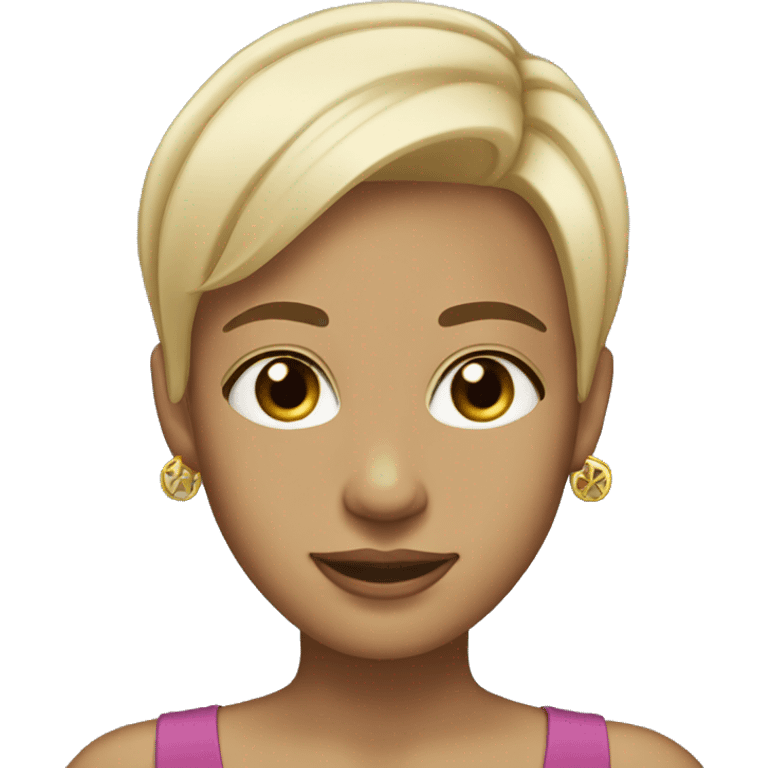 Blonde, short straight hair, brown eyes, wearing cross earrings, fair skin emoji