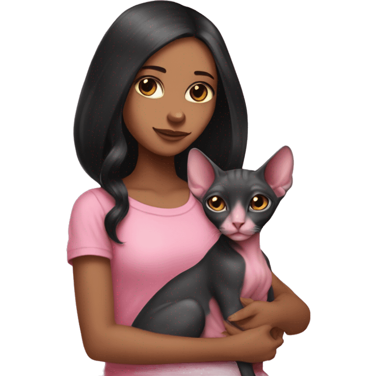 pink sphinx cat in the arms of a girl with long black hair emoji