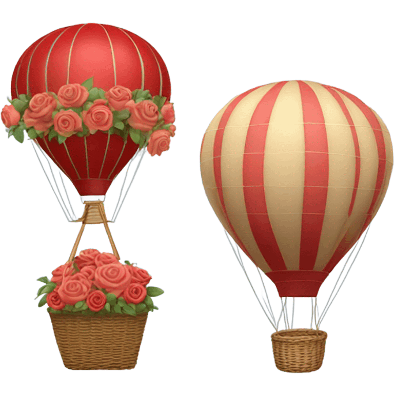 red hot air balloon and beige basket with roses emoji