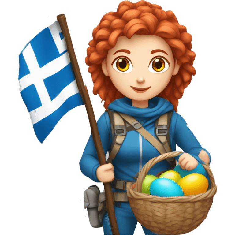 Greek Female winter mountaineer red hair white skin climbing with Greek Flag and Easter eggs basket emoji