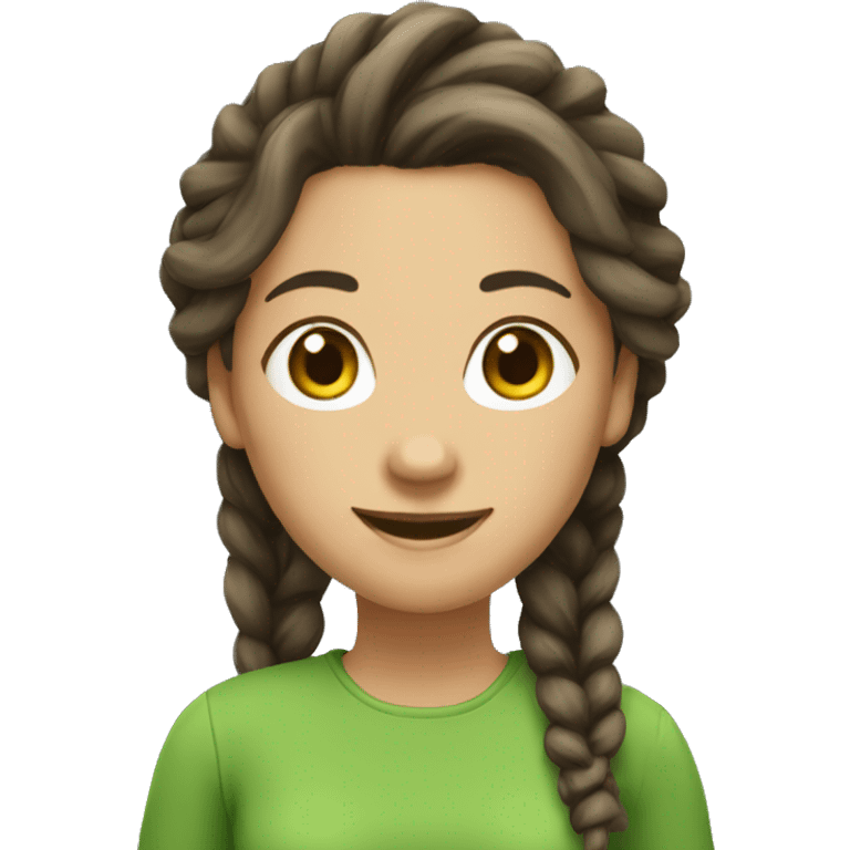 I want an emoji of a brunette woman with dreadlocks with a notebook in her hand and a green shirt with a happy look and smile emoji