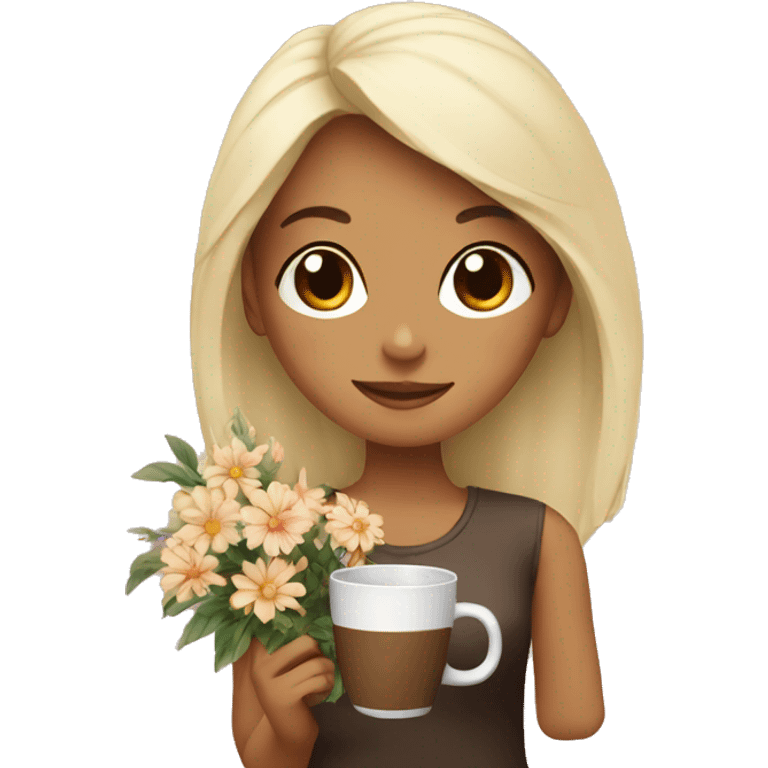 Girl with flowers and coffee emoji