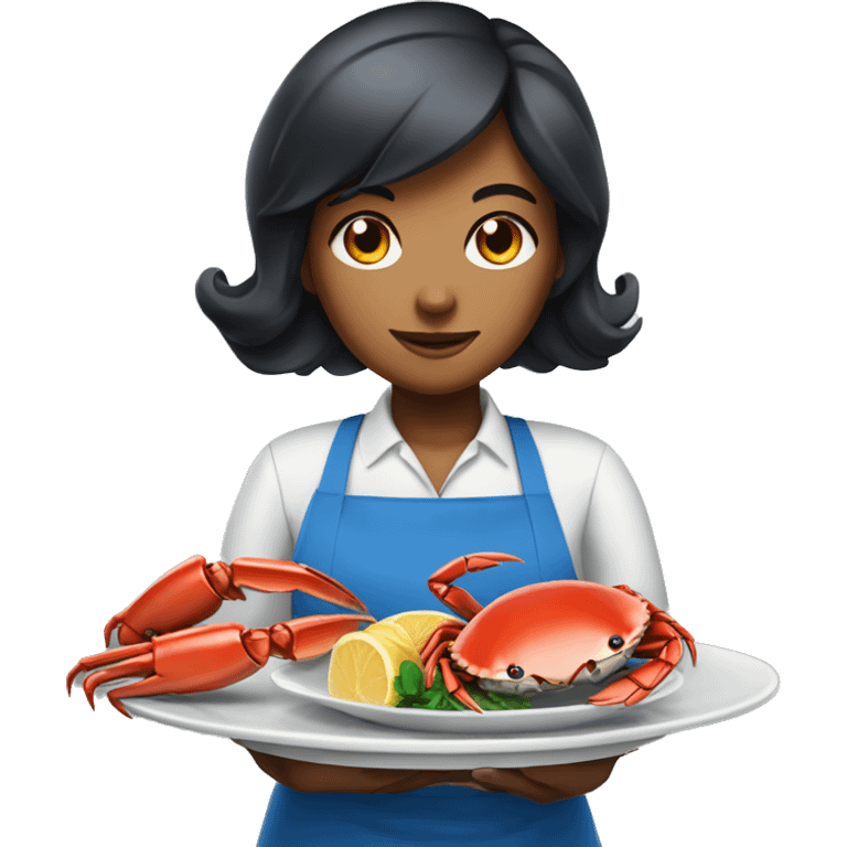 waiter girl with black hair in a blue apron holds crab in a plate emoji