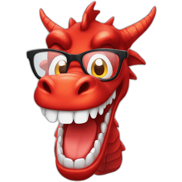 Crazy funny red dragon head with human white teeth and beautiful smile wearing glasses emoji