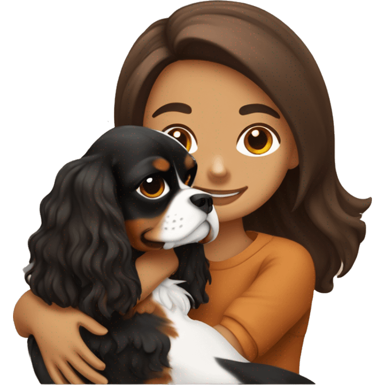 cute girl hugging two black and brown cavalier king charles spaniel  emoji