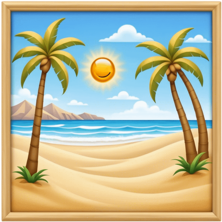 Cinematic Realistic Beach Emoji in a wooden frame, Sunny and bright, with soft golden sand stretching as far as the eye can see, gently lapping waves crashing onto the shore, and a clear, blue sky above. Palm trees sway in the warm breeze, crystal clear water of the waves on the landscape. Soft glowing outline, capturing the essence of a relaxed, joyful beach day filled with sun, sand, and surf! emoji