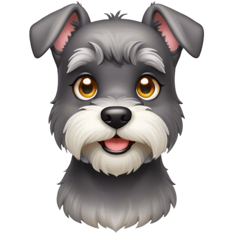 Cinematic Cute Miniature Schnauzer Portrait Emoji, Head cheerfully cocked with expressive, twinkling eyes and a neatly trimmed, adorable salt-and-pepper fur, simplified yet endearingly detailed, glowing with a bright, friendly radiance, high shine, exuding smart and spunky charm, styled with a delicate, whimsical outline, capturing the essence of a cute Miniature Schnauzer that appears ready to scamper off the screen with delightful energy! emoji