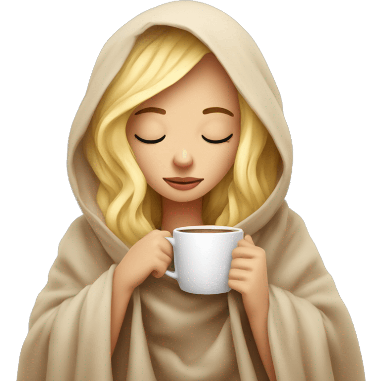 girl inside a blanket sipping coffee eyes closed blonde emoji