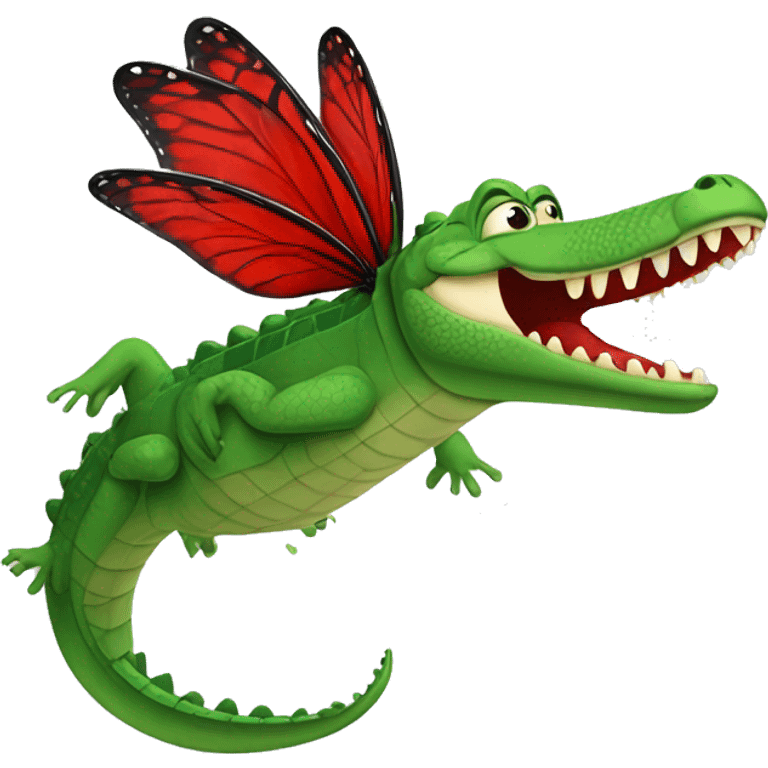 An animal similar to a green crocodile but with red butterfly flies emoji