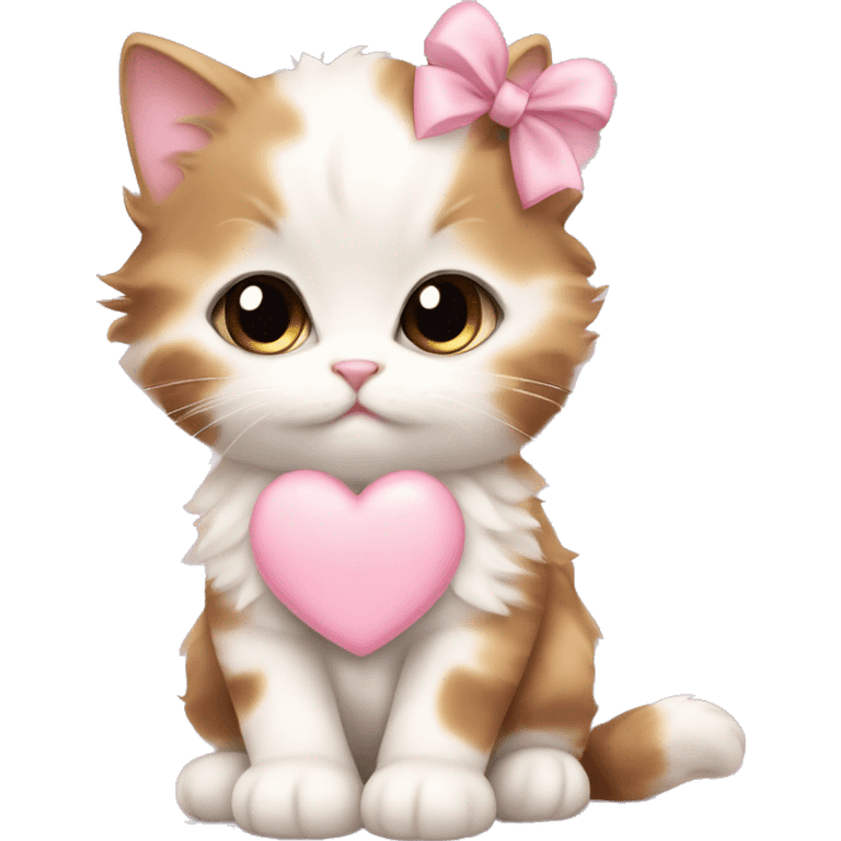 calico fluffy fat kitten with pale pink bow holding a pale pink heart emoji