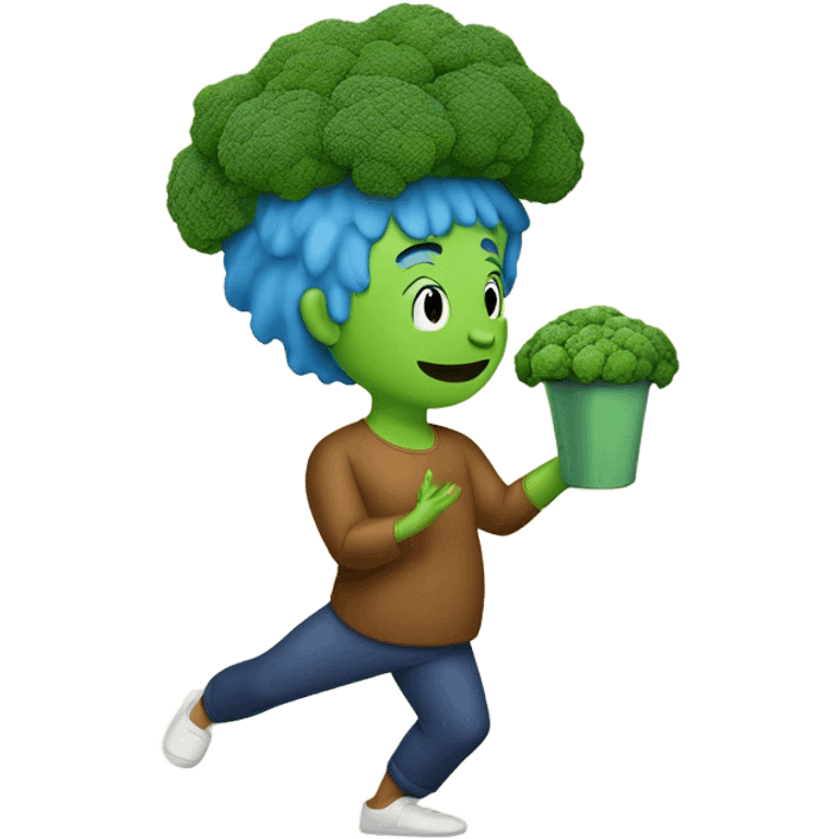 guy with blue hair doing yoga with a cup of broccoli emoji