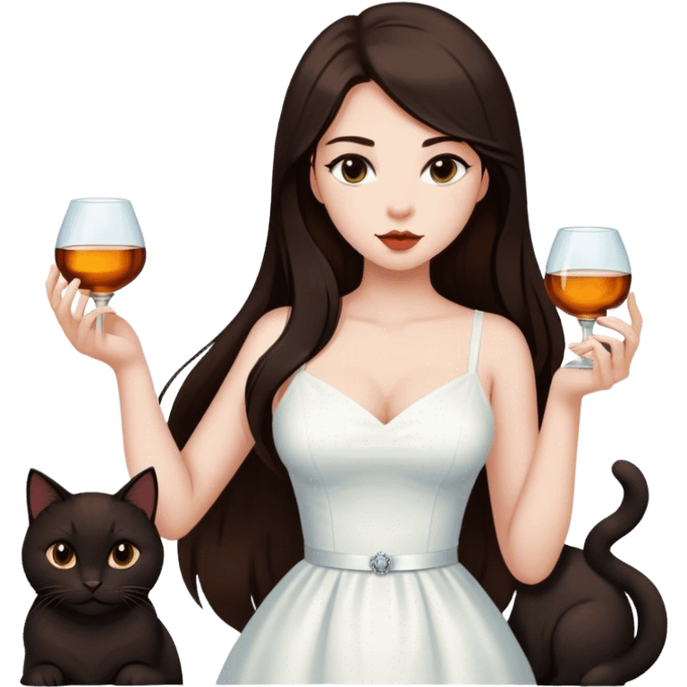 Beautiful woman in 1950’s woman fashion look, white dress, long dark brown hair, whisky with ice, black cat emoji