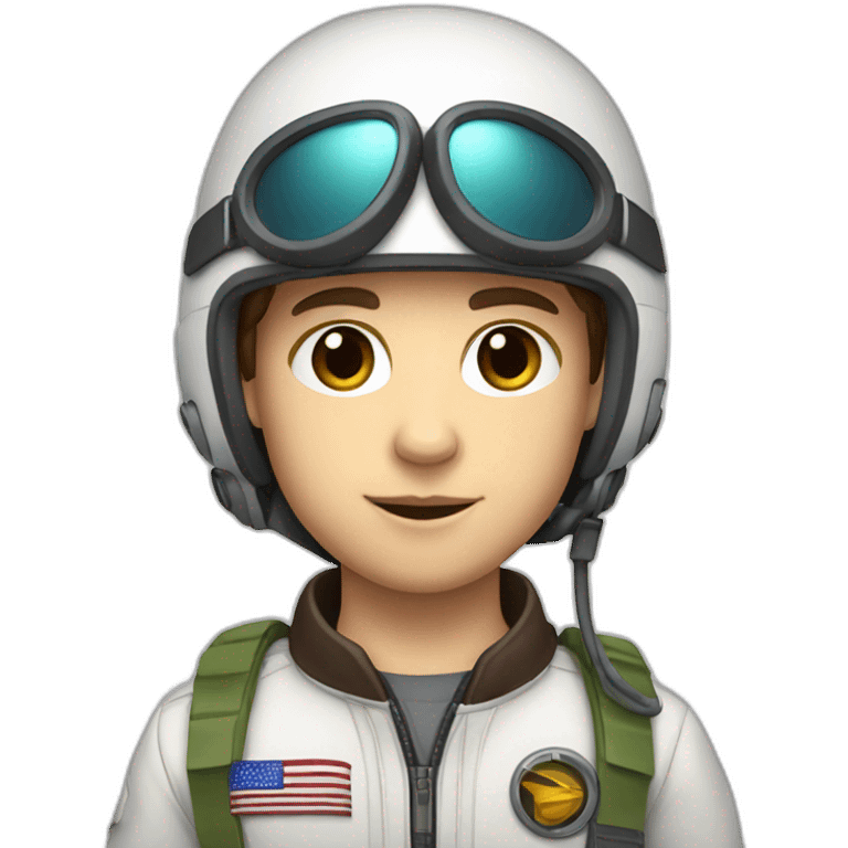 A white young boy with dark brown eyes and dark brown hair and a airplane pilot suit and a radio helmet emoji