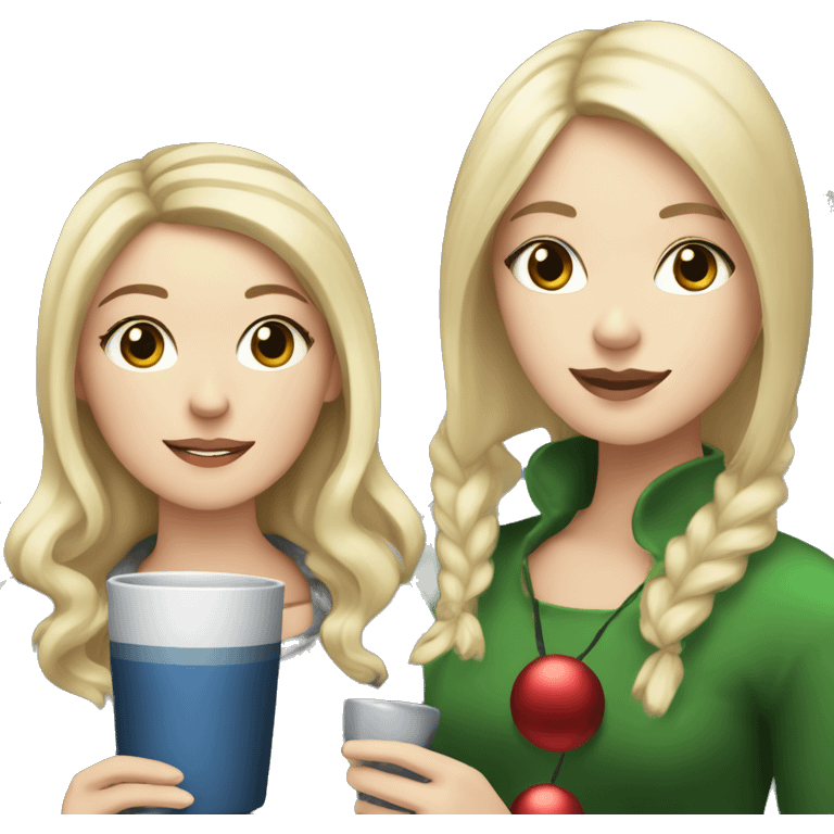 White girl with blonde haired and Asian girl with black hair, drinking tea at Christmas time emoji