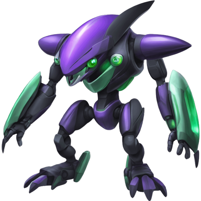 a shiny black-green Genesect-Raptor-Fakémon-Medabot-hybrid with a futuristic visor-helmet full body emoji