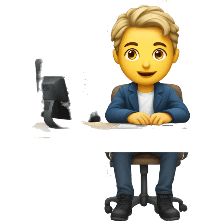 European schoolboy sitting at desk,  computer on desk emoji