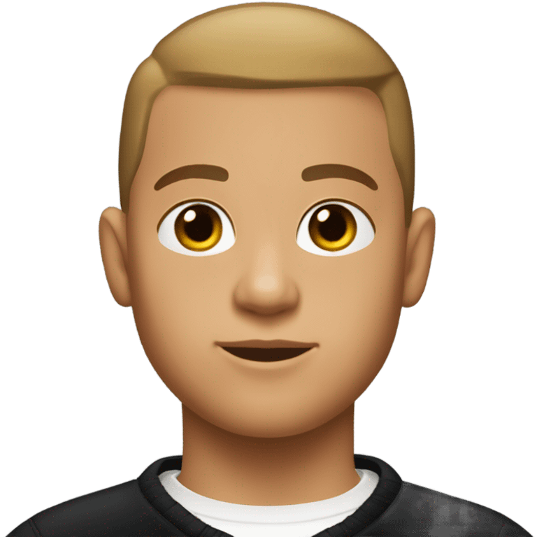 boy with light tanned skin, buzz cut, no facial hair, wearing a smart black quarter zip jumper with white t shirt underneath. emoji