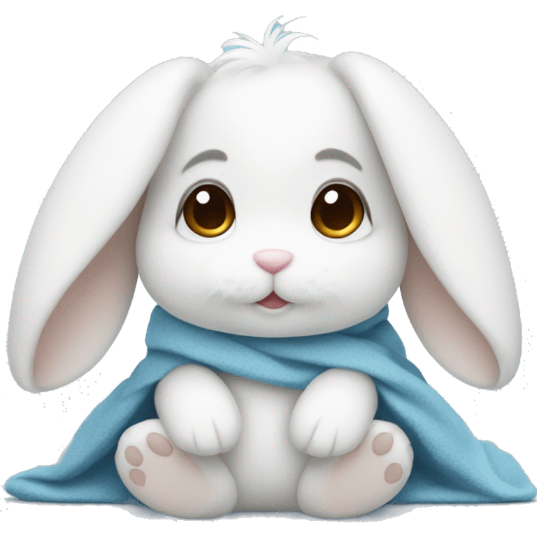 White cute fluffy bunny with brown eyes sitting wrapped in a blue blanket emoji