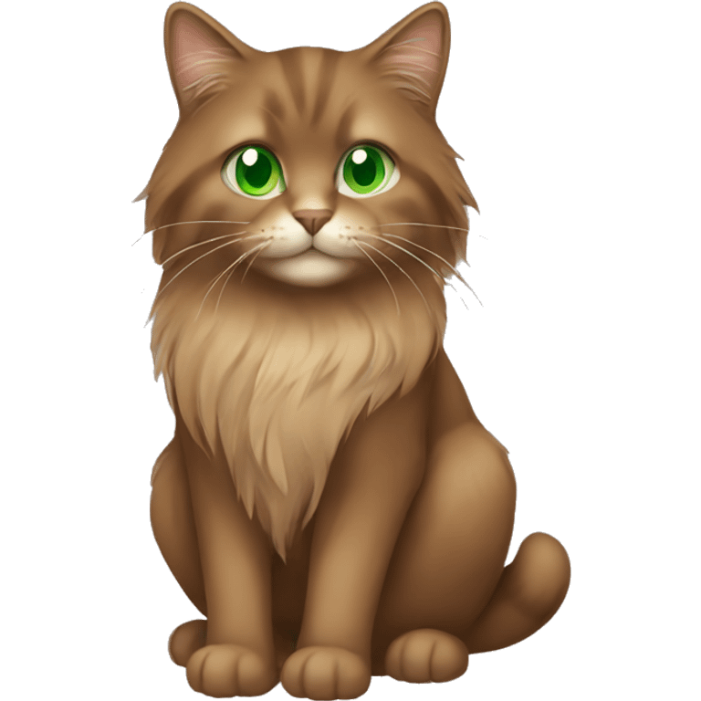 a brown coloured long hair cat with green eyes emoji